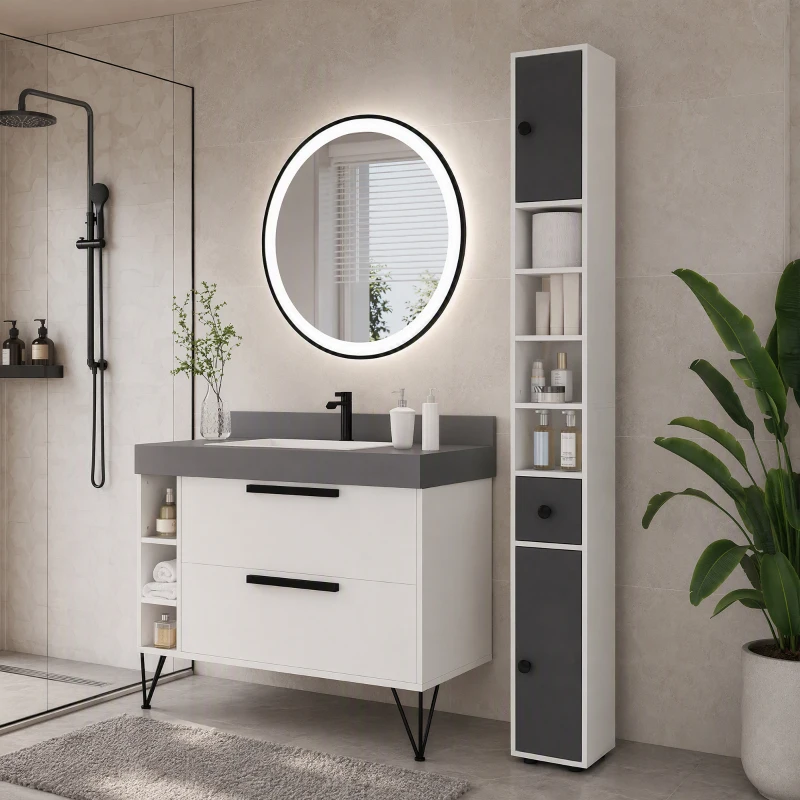 kleankin Coluna Casa de Banho Moderna com 1 Gaveta 5 Prateleiras Ajustáveis e 2 Armários 20x20x180 cm Cinza
