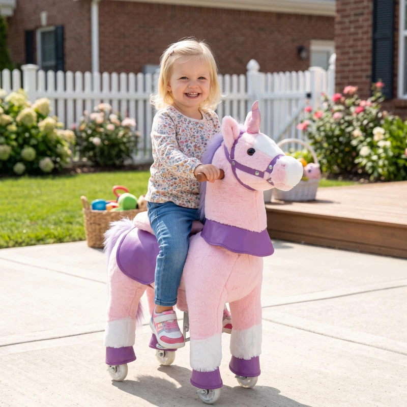 AIYAPLAY Cavallo per Bambini 2+ Anni con 4 Rotelle e Nitriti, Testa Girevole, Design a Pedali, Capacità 60 kg, Rosa