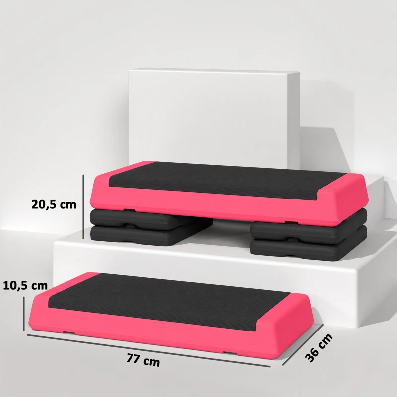 SPORTNOW Step de Aeróbic Step para Fitness Antideslizante Altura Regulable 3 Niveles 77x36x20,5cm Rosa y Negro