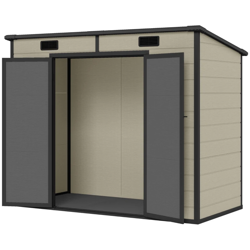Outsunny Casetta da Giardino 2.54m² in PP e Alluminio con Pavimento, Tetto Inclinato, Doppia Porta Bloccabile, Finestra, Guanti, Marrone Chiaro