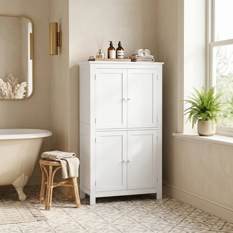 HOMCOM Mobile Bagno con 4 Ante e Ripiani Regolabili, per Lavanderia Salotto Soggiorno Cucina, 60x30x110 cm, Bianco