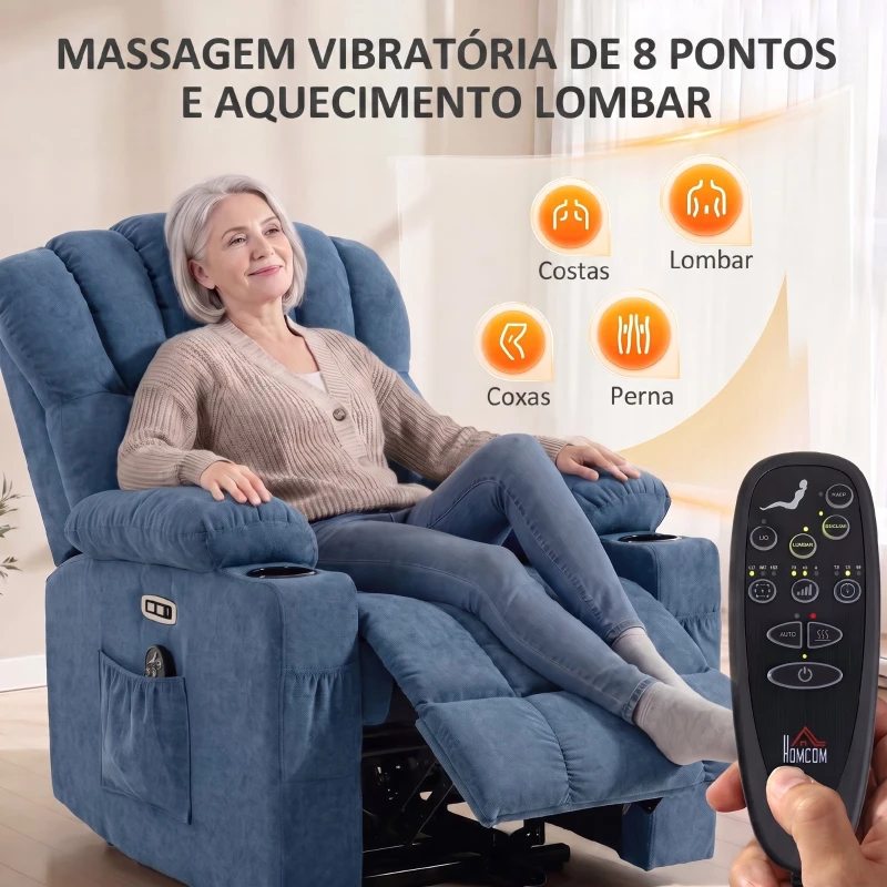 HOMCOM Cadeirão Relax Reclinável Elétrico Elevatório com Massagem, Aquecimento, Assento Largo, USB-C/USB-A e Bolsos Azul