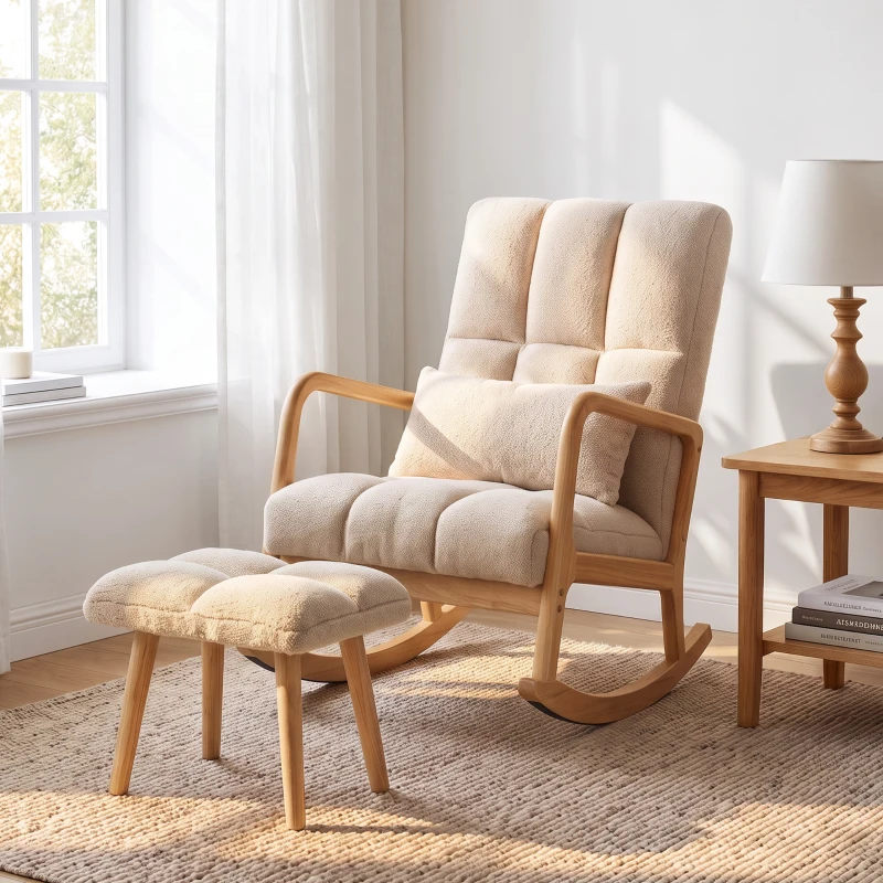 HOMCOM Poltrona a dondolo con poggiapiedi in tessuto bouclette, 64,5x82x89 cm, beige