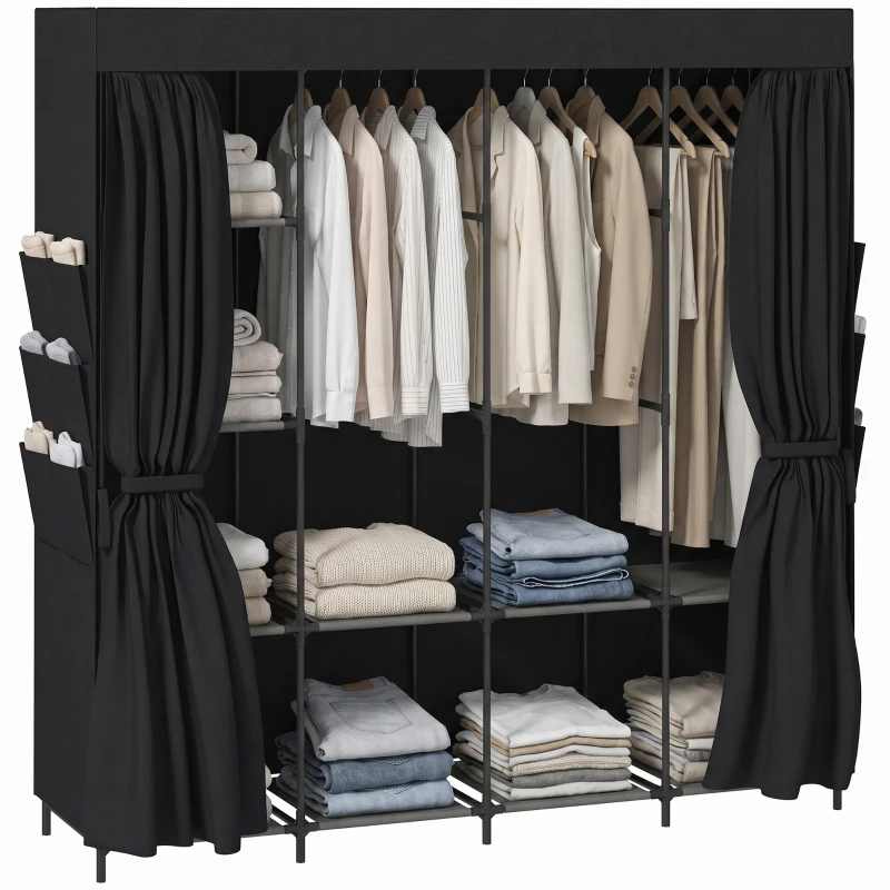 HOMCOM Stoffen kledingkast, stofdicht en draagbaar, 5 kledingroedes, 170 x 45 x 167 cm, zwart