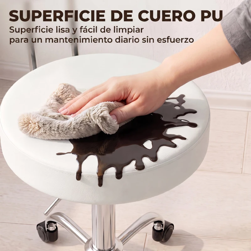 HOMCOM Taburete con Ruedas Giratorio Altura Regulable de Cuero Sintético con Respaldo para Spa Oficina Tatuajes Blanco