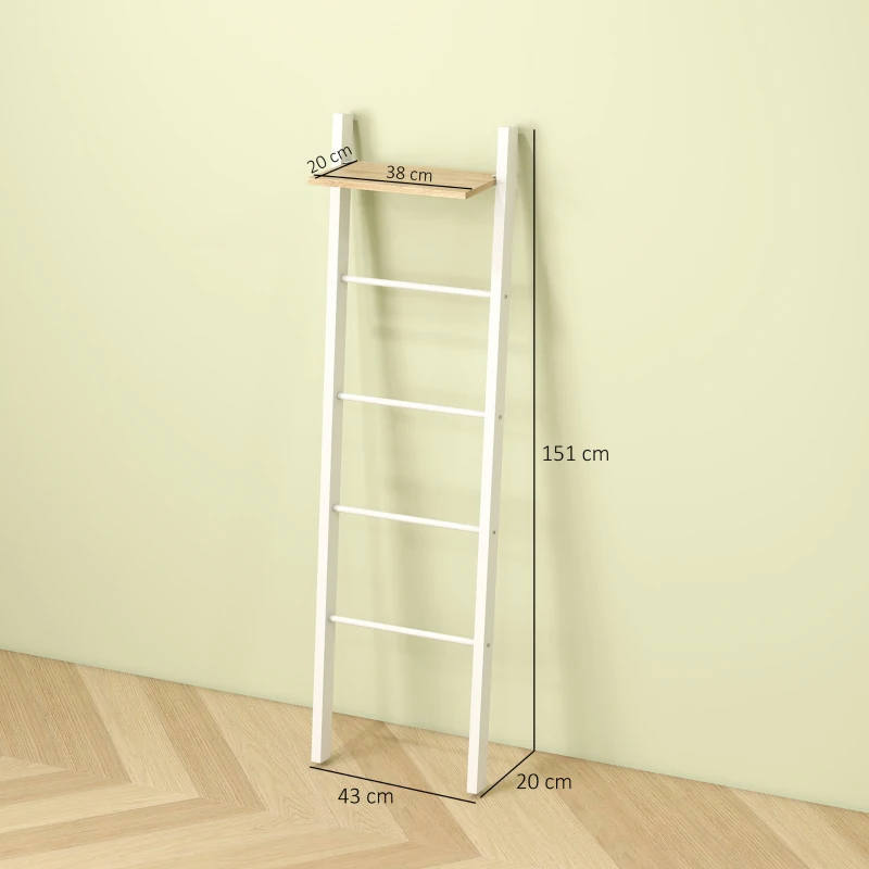 HOMCOM Toallero Escalera con Estante Superior y 4 Barras Toallero de Baño para Apoyar en Pared 43x20x151 cm Blanco y Roble