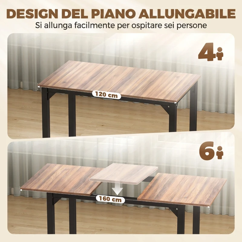 HOMCOM Set Pranzo con Tavolo Allungabile a 160cm e 6 Sgabelli per 4-6 Persone, Nero e Noce