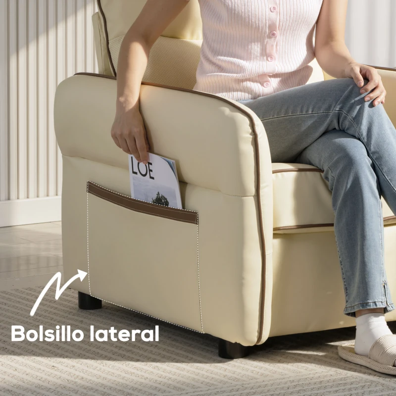HOMCOM Butaca de Salón Tapizada en Cuero Sintético Sillón Relax con Reposabrazos Acolchado Grueso para Dormitorio Beige