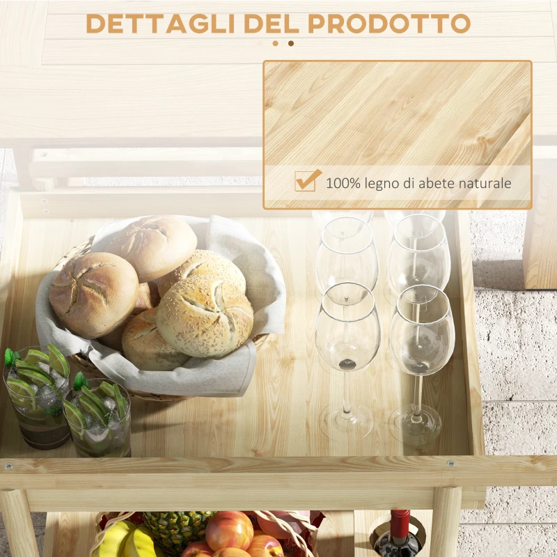 Outsunny Carrello da Giardino a 2 Ripiani e 4 Spazi Portabottiglie, in Legno di Abete, 78x58.5x75 cm