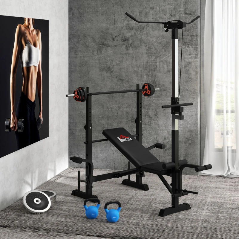 HOMCOM Panca Fitness con Leg Press, Squat Rack e Leg Extension, in Acciaio e PU, 180x134x200 cm, Nero e Argento