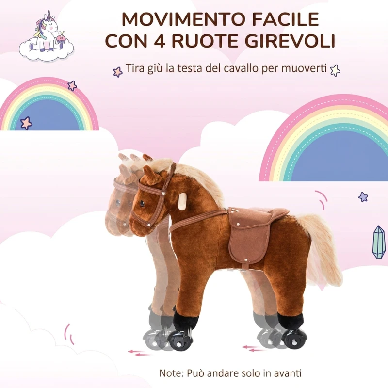 HOMCOM Cavallo Giocattolo a Rotelle per Bambini 2+ Anni con Suoni Realistici e Poggiapiedi, 55x23x60 cm, Marrone