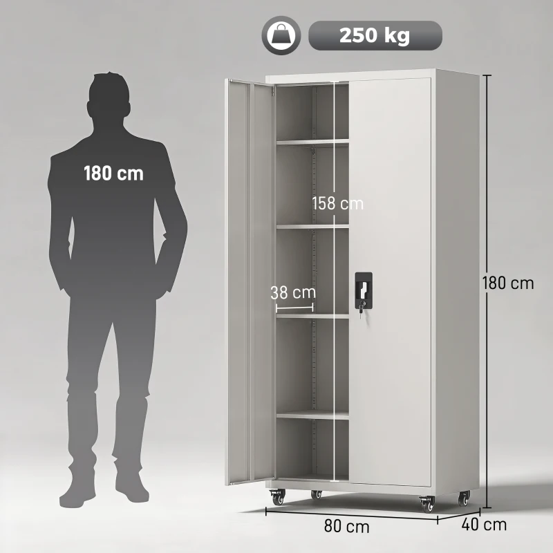 HOMCOM Armário de Ferramentas em Aço 180 cm com Rodas Amovíveis, Prateleiras Ajustáveis e Carga até 250 kg para Garagem Branco