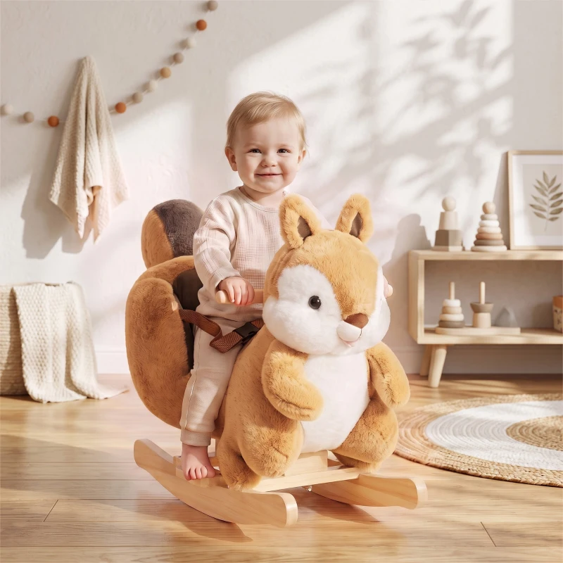 AIYAPLAY Dondolo per Bambini 1-3 Anni a Scoiattolo in Peluche, Suoni, Cintura di Sicurezza, Marrone