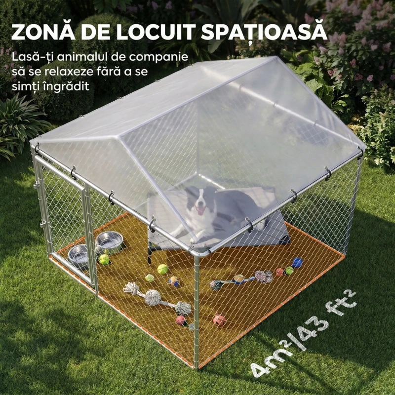 PawHut Țarc Exterior Oțel Galvanizat, Acoperiș Impermeabil Anti-UV, Închidere Dublă, Argintiu.