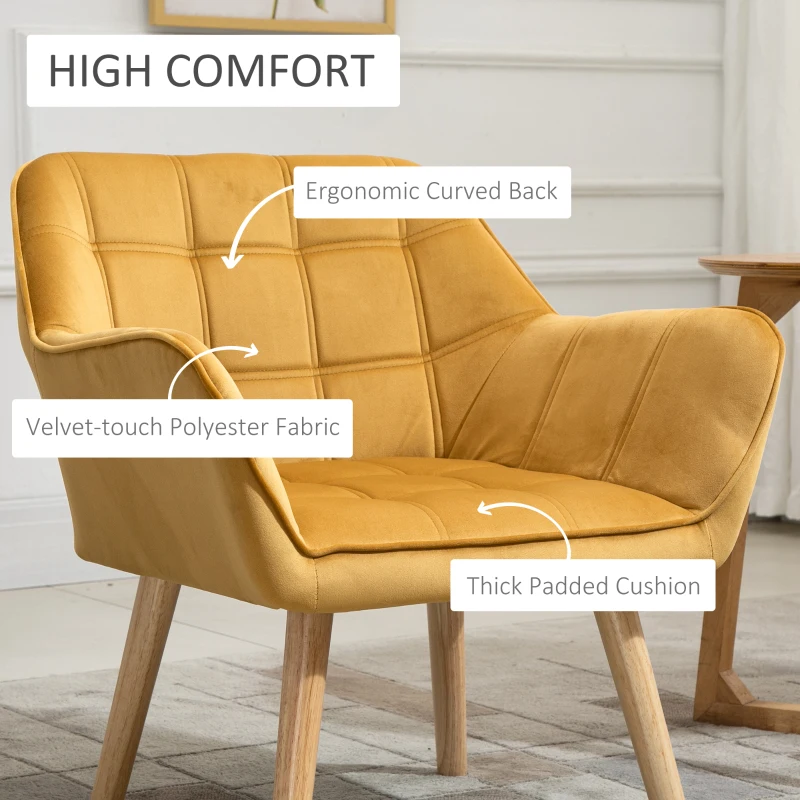HOMCOM Accent Chair, Velvet Upholstered Vanity Tub Chair with Flared Armrests, Slanted Back, Solid Wood Legs, Comfy Padding Armchair, Home Bedroom Furniture Seating, Set of 2, Yellow
