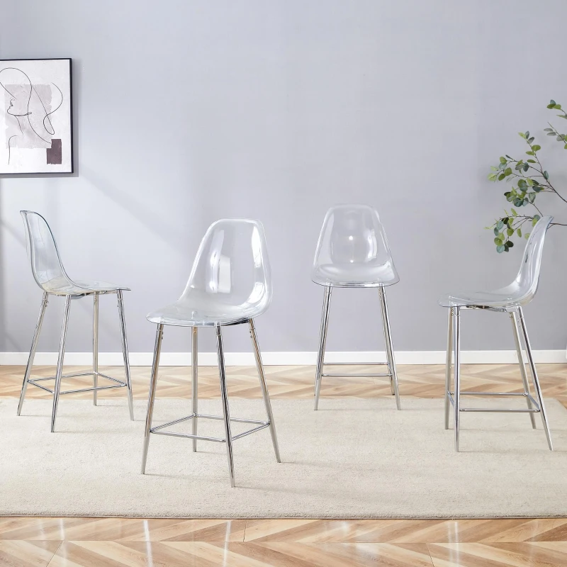Lot de 4 tabourets de bar transparents, design moderne au look aérien, 51x45x102 cm, Argent