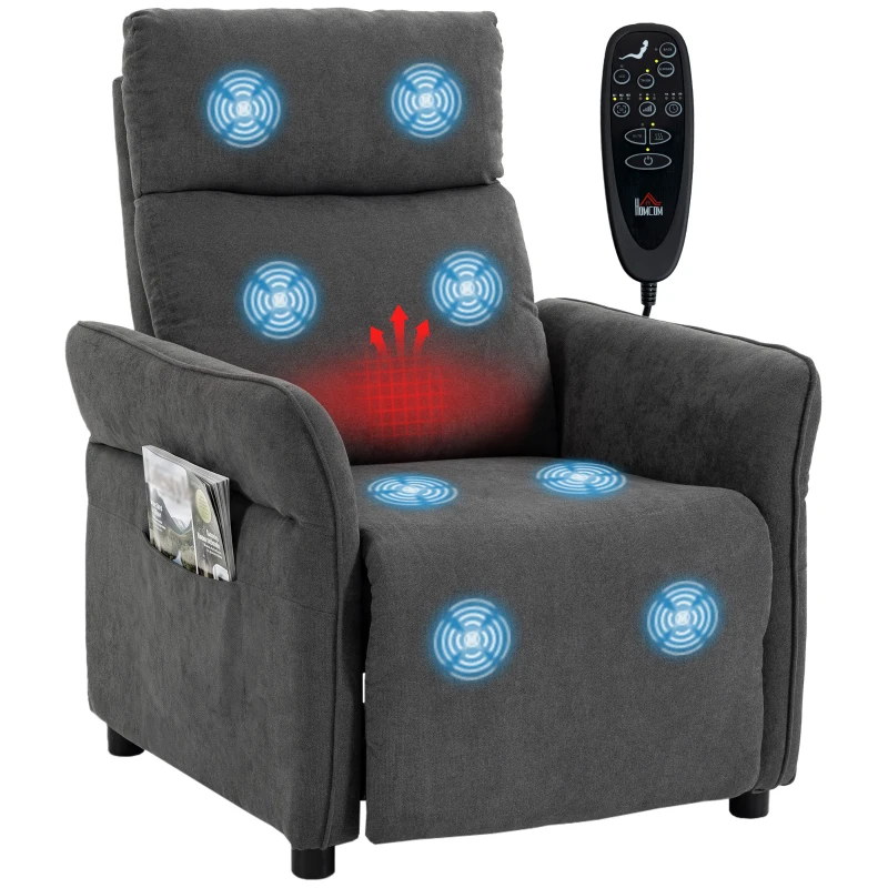 HOMCOM Recliner Armchair, Push Back Recliner Chair with Massage & Heat, Adjustable Armrests, Dual Side Pockets, Dark Grey