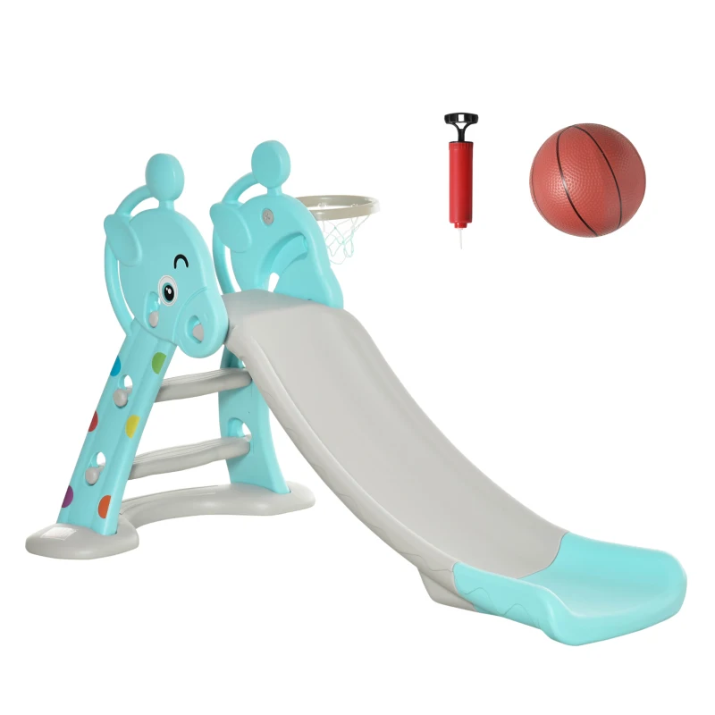 HOMCOM Kids Slide 2 in 1 Toddler Freestanding slide with Basketball Hoop Indoor/Outdoor Use Deer Shaped for 18 months -4 Years Old Blue