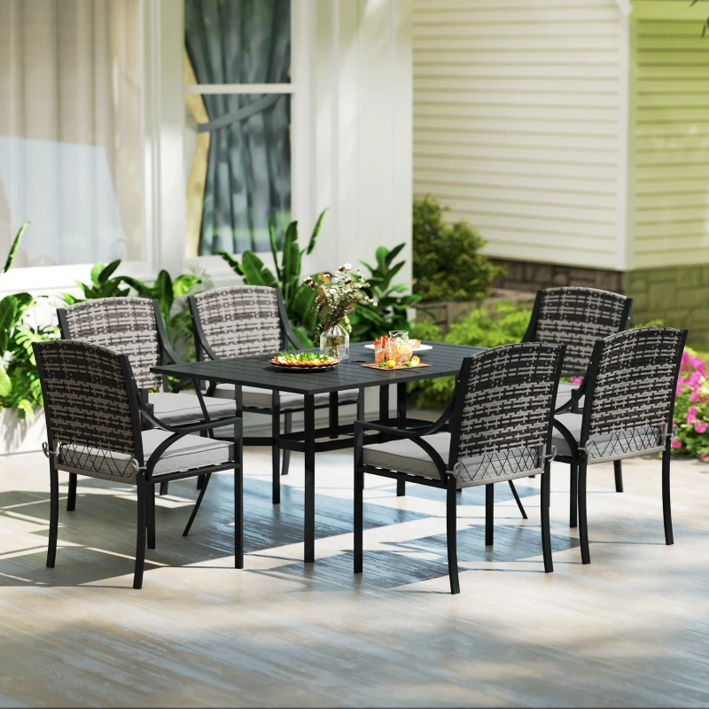 Outsunny Rattan Garden Furniture Set with Cushions, 6 Seater Rattan Dining Set with 6 Armchairs, 150 x 96cm Rectangular Table, Umbrella Hole, for Outdoor, Patio, Balcony, Terrace, Conservatory