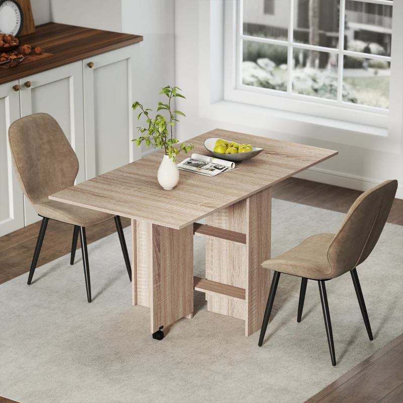 HOMCOM Dining Table Set, Folding Kitchen Table with Storage Shelves, 2 Velvet Upholstered Chairs, Natural Wood Finish and Light Brown