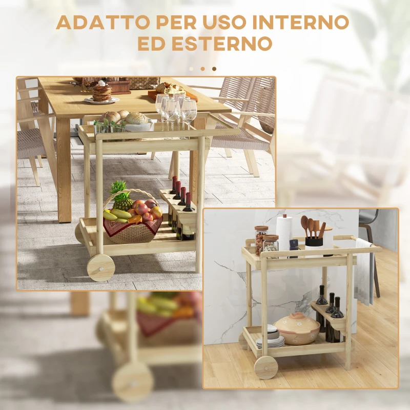 Outsunny Carrello da Giardino a 2 Ripiani e 4 Spazi Portabottiglie, in Legno di Abete, 78x58.5x75 cm