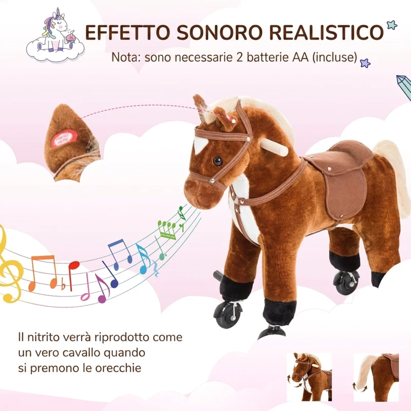 HOMCOM Cavallo Giocattolo a Rotelle per Bambini 2+ Anni con Suoni Realistici e Poggiapiedi, 55x23x60 cm, Marrone