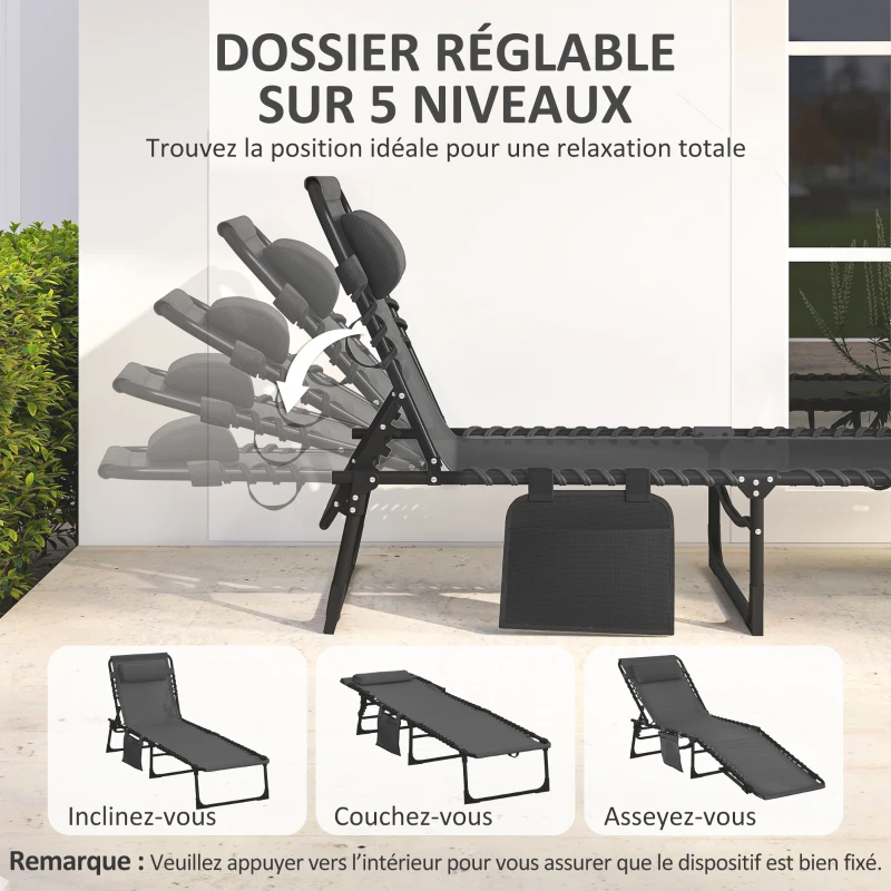 Outsunny Chaise longue pliable bain de soleil transat de relaxation dossier inclinable 5 niveaux têtière amovible noir