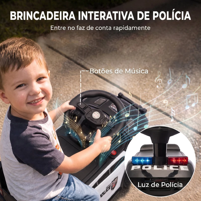 AIYAPLAY Carro Andador de Polícia para Crianças 18-36 Meses com Luz, Música e Arrumação 65x29,5x36 cm Preto