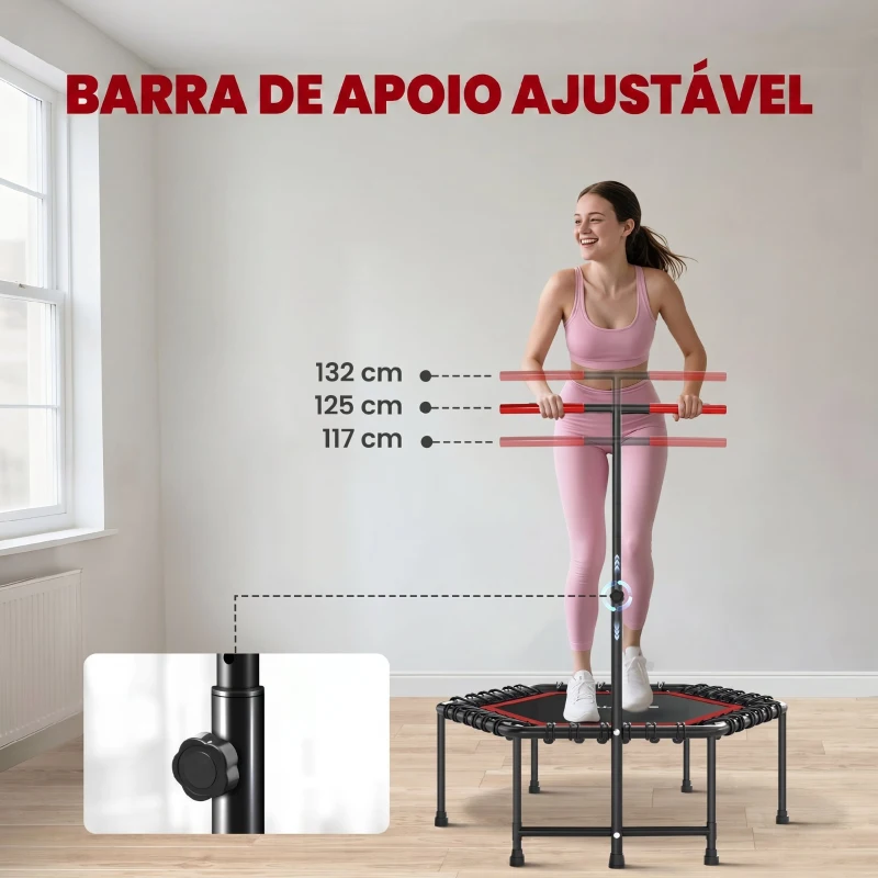 SPORTNOW Trampolim Fitness 114x114x132 cm com Guiador Ajustável em 3 Níveis Estrutura de Aço para Treino de Perna Corpo Vermelho