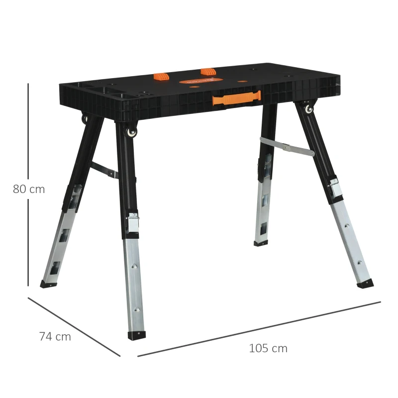 DURHAND Banco de Trabajo 5 en 1 Mesa de Trabajo con Altura Ajustable en 3 Niveles Patas Retráctiles 4 Ruedas Carga 150 kg Como Caballete de Sierra para Taller Garaje 105x74x80 cm Negro