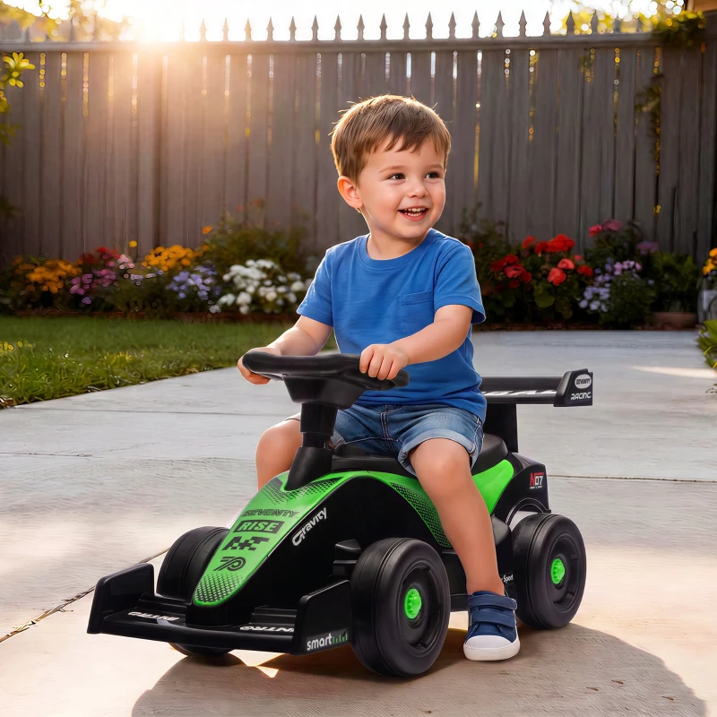 AIYAPLAY Porteur enfants voiture F1, véhicule à pousser avec volant musical, roues silencieuses et coffre, 18-36 mois, vert