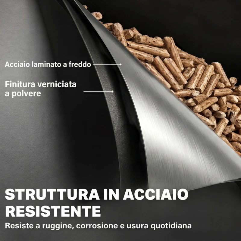 Outsunny Contenitore per Pellet 30kg con Coperchio in Acciaio, Ruote e Setaccio, Nero