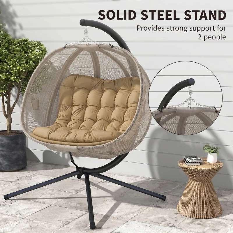 Outsunny Double Hanging Egg Chair 2 Seaters Texteline Swing Hammock Chair with Stand, Cushion and Folding Design, for Indoor and Outdoor, Brown
