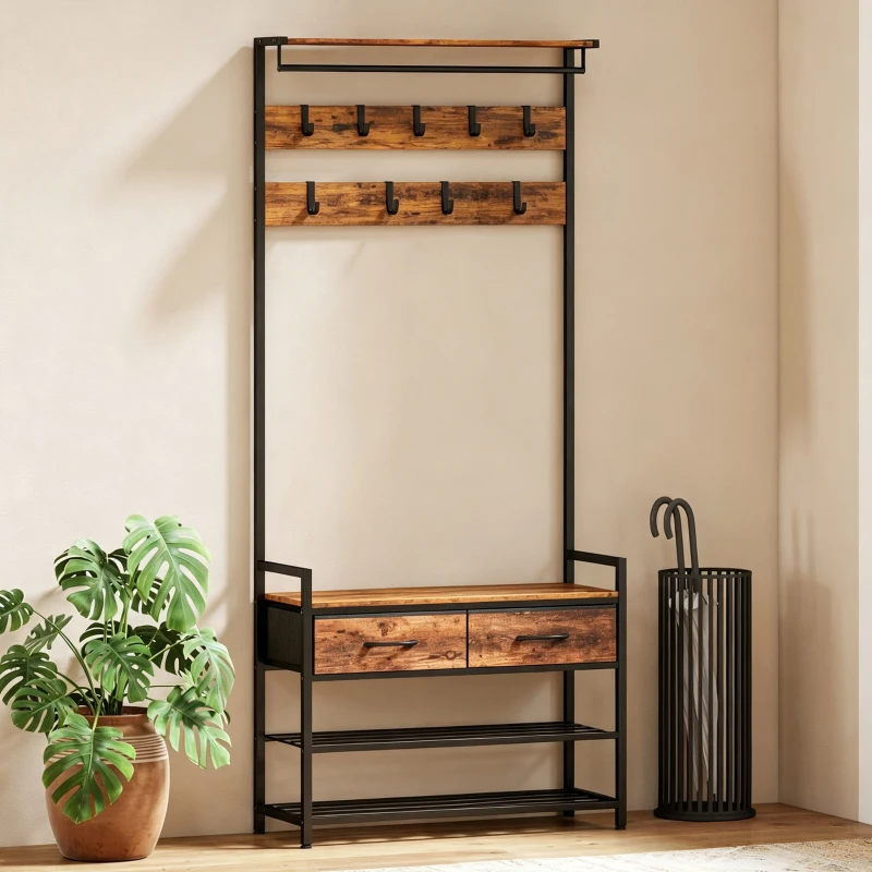 HOMCOM Porte-Manteau 5 en 1, Banc, Tringle, 10 Crochets Amovibles, 2 Tiroirs, Étagère à Chaussures, 80x30x181,5cm Brun Rustique