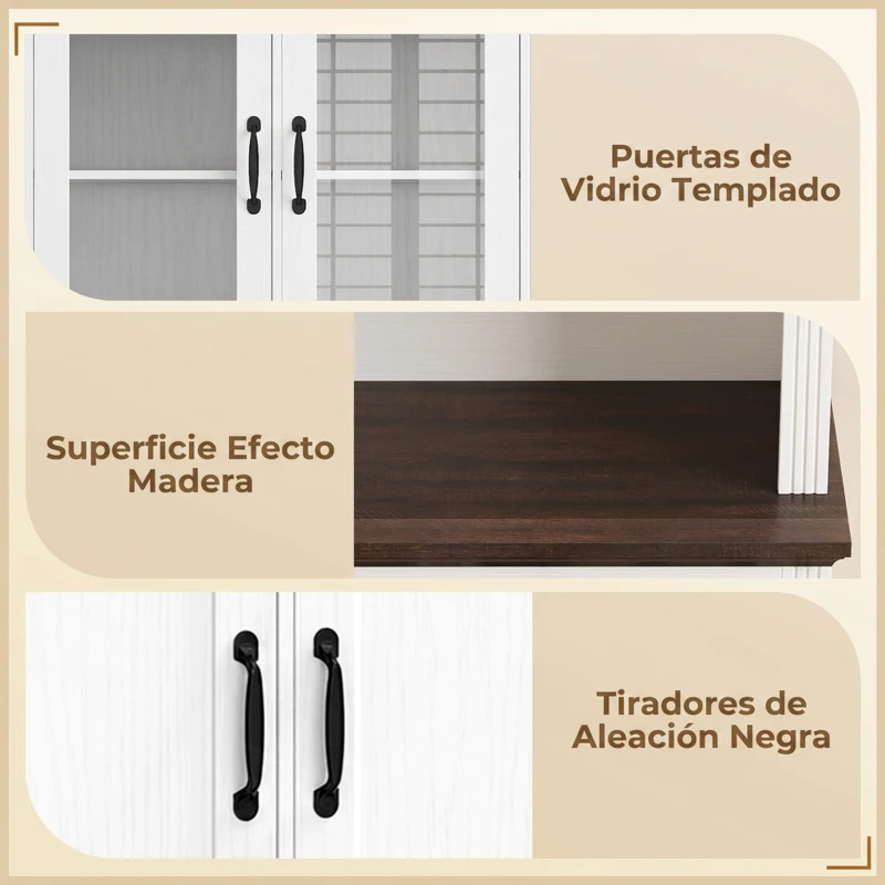 HOMCOM Alacena de Cocina Alta con Puertas de Cristal 2 Cajones Estantes Ajustables Compartimento Abierto 80x38x170 cm Blanco