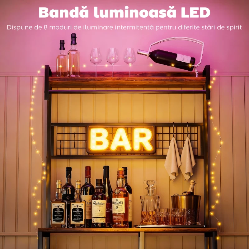 HOMCOM Scaffale Bucătărie Con Prize E Led, Struttura In Oțel, Marrone Rustic