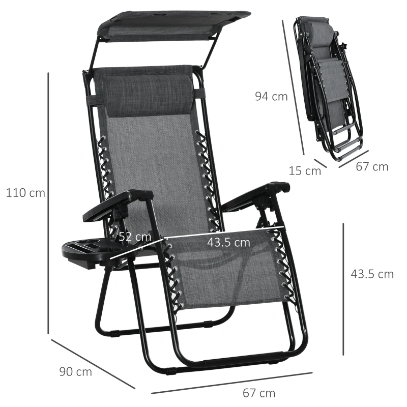 Outsunny Foldable Reclining Garden Chair with Headrest, Zero Gravity Deck Sun Lounger Seat with Footrest, Armrest, Cup Holder & Canopy Shade, Light Grey