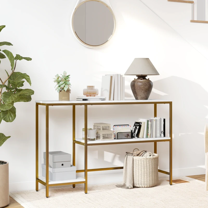 HOMCOM Console meuble 120 cm, table console 3 niveaux avec étagères de rangement, plateaux imitation marbre, blanc et doré