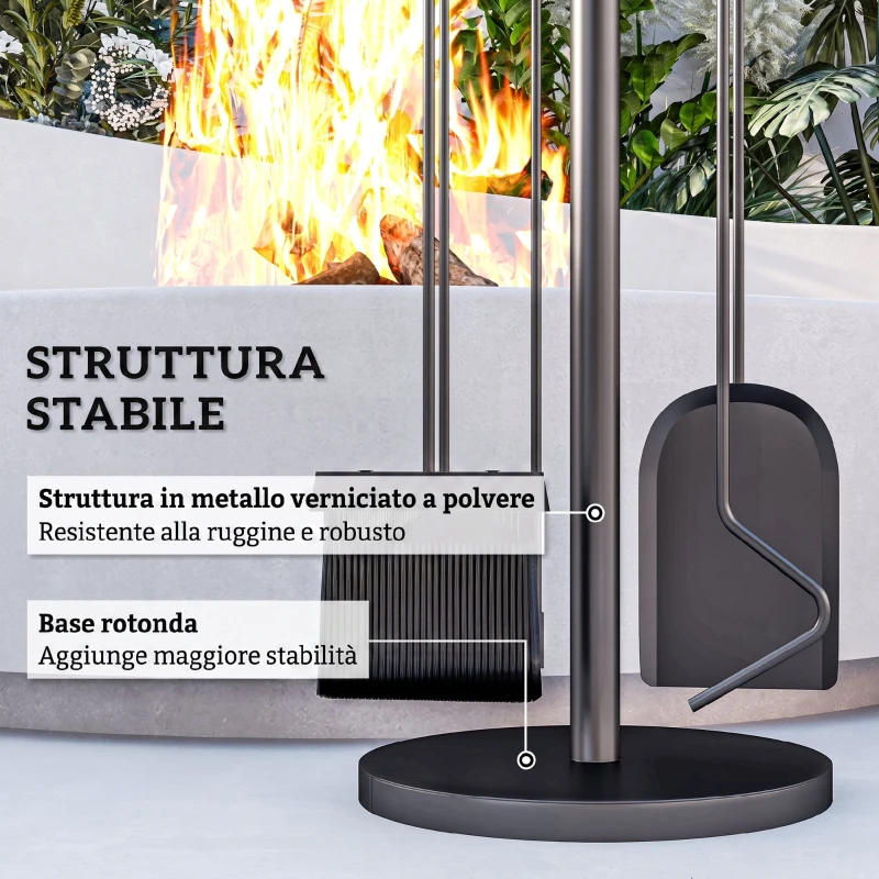 Outsunny Set Attrezzi Camino 5 Pezzi con Pala, Spazzola, Pinze, Attizzatoio e Supporto in Metallo, Salvaspazio, Nero