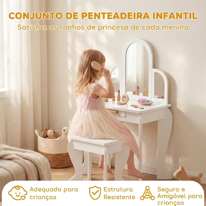 HOMCOM Toucador para Crianças com Espelho e Banco Toucador de Maquilhagem para Crianças de 3 a 6 Anos 52x32x85 cm Branco