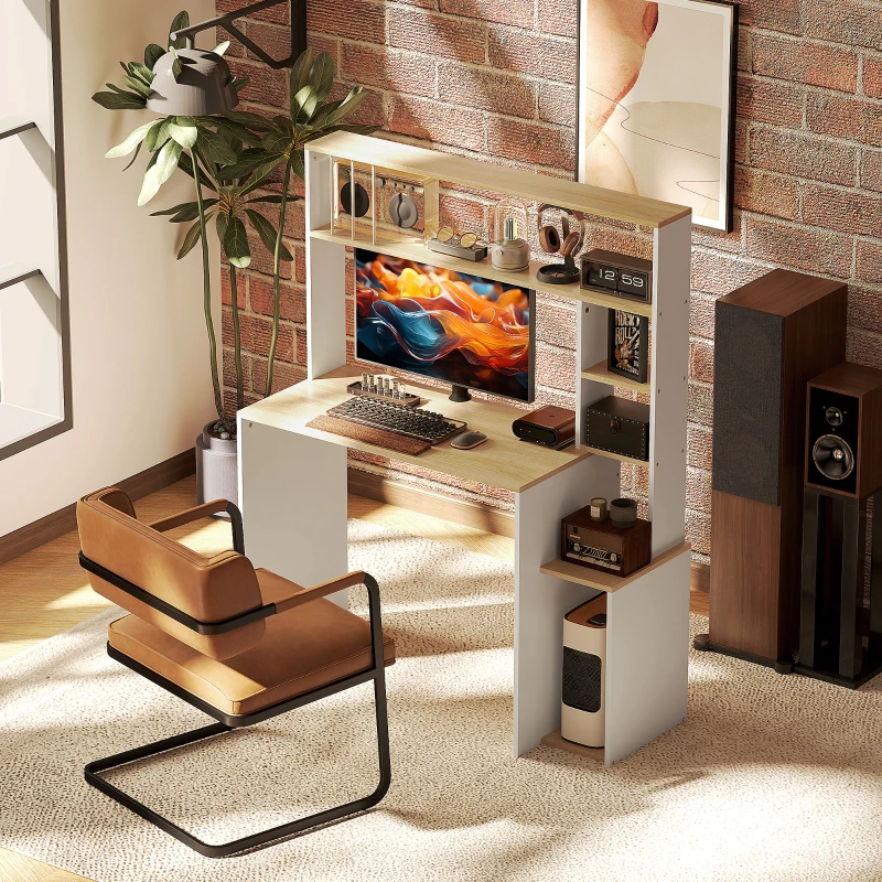 HOMCOM Scrivania Moderna per PC con Libreria, Scaffale e Porta CPU, 113x45x138.5 cm, Rovere