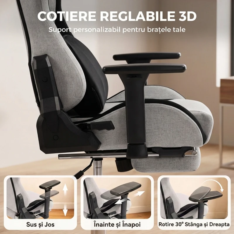 HOMCOM Scaun Gaming Ergonomic cu Masaj încălzit, Suport Picioare, Textil, Gri