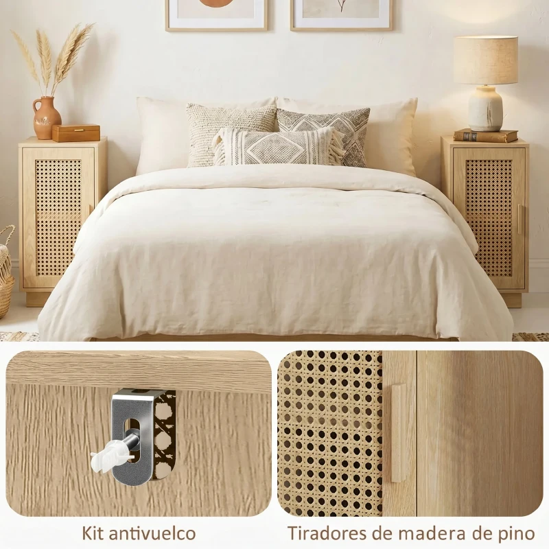 HOMCOM Conjunto de 2 Mesitas de Noche con Puerta de Ratán, Mesillas de Noche Estilo Boho Estante Ajustable Natural