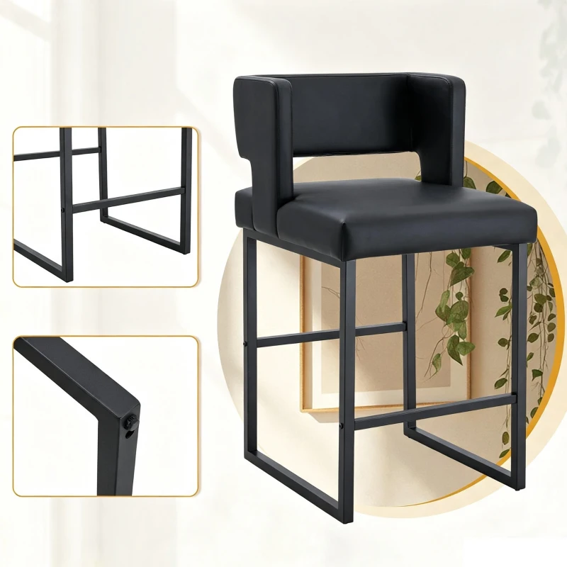 Lot de 2 tabourets de bar style nordique, structure métallique robuste avec pieds argentés, 48x53.3x91.4 cm, Noir