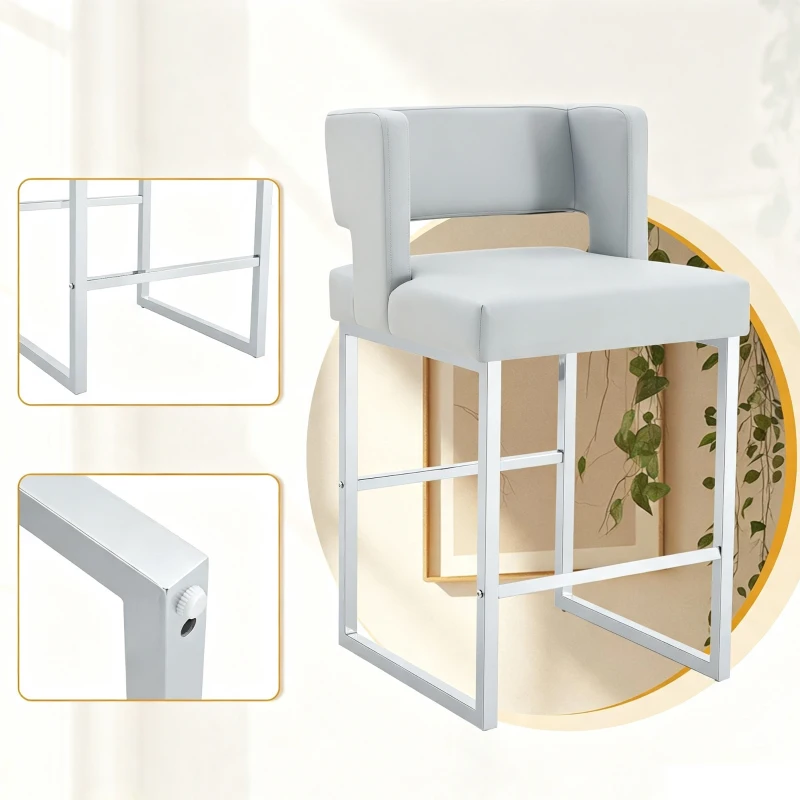 Lot de 2 tabourets de bar style nordique, structure métallique robuste avec pieds argentés, 48x53.3x91.4 cm, Gris clair+Argent
