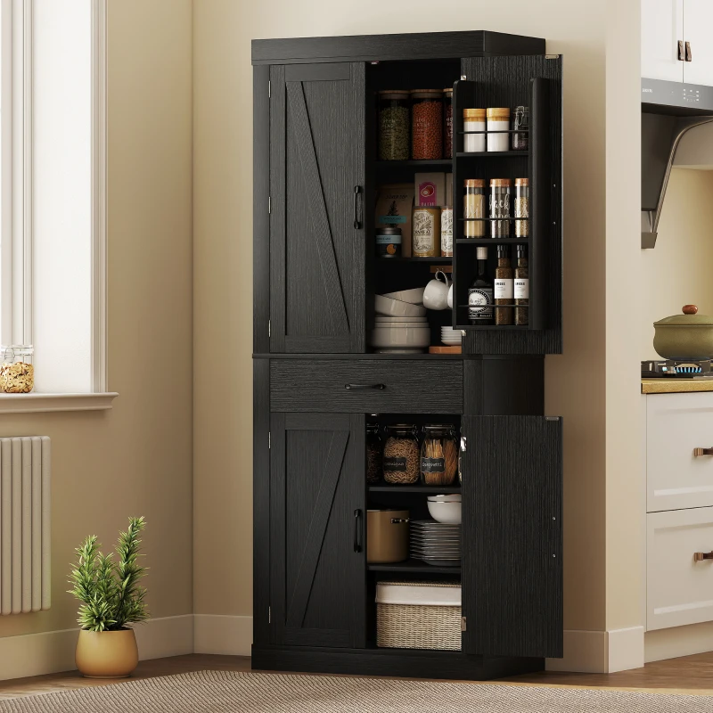 HOMCOM Dispensa Cucina in stile Country con 2 Armadietti, 6 Ripiani e Cassetto, in Legno, 76x39.5x183.5 cm, Nero