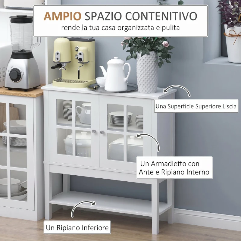 HOMCOM Credenza Cucina Moderna con 2 Ante in Vetro Temperato, Ripiano regolabile, 80x28x84 cm, Bianco