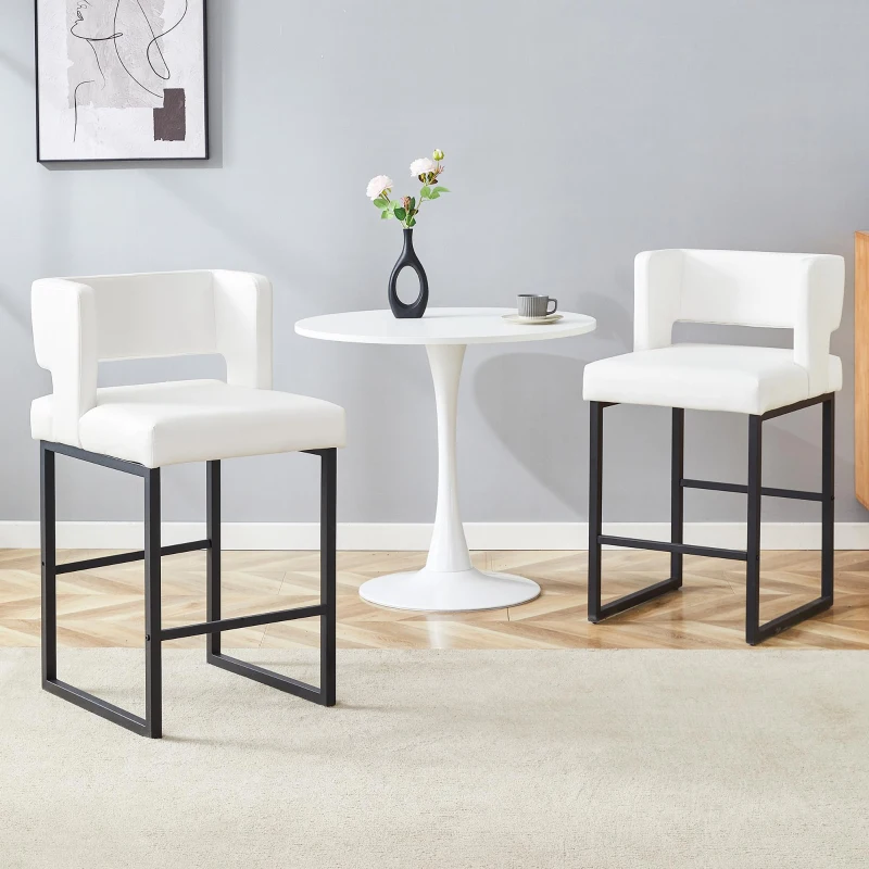 Lot de 2 tabourets de bar style nordique, structure métallique robuste avec pieds argentés, 48x53.3x91.4 cm, Blanc+Noir