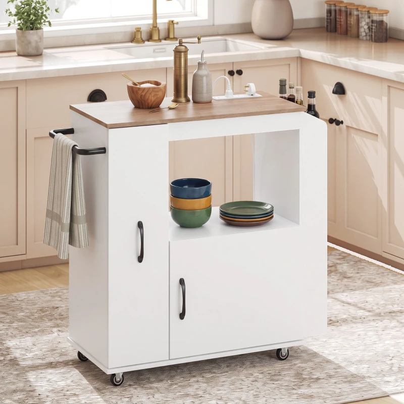 HOMCOM Kitchen Trolley on Wheels, Rolling Kitchen Island Cart with Power Outlet, Cabinet, Pull-Out Drawer, White