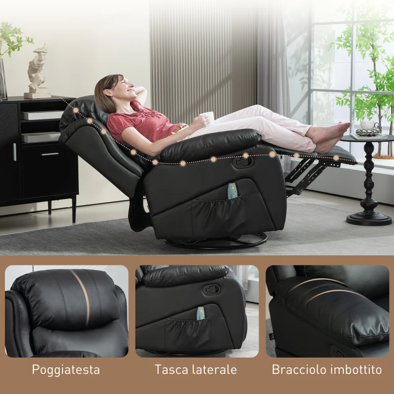 HOMCOM Poltrona Relax Reclinabile con 8 Punti Massaggianti, in Finta Pelle e Acciaio, 97x92x104 cm, Nero